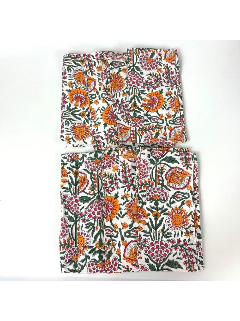 Blooming garden Cotton Napkins 20 X 20 White Orange Hand Block Printed Set Of 8